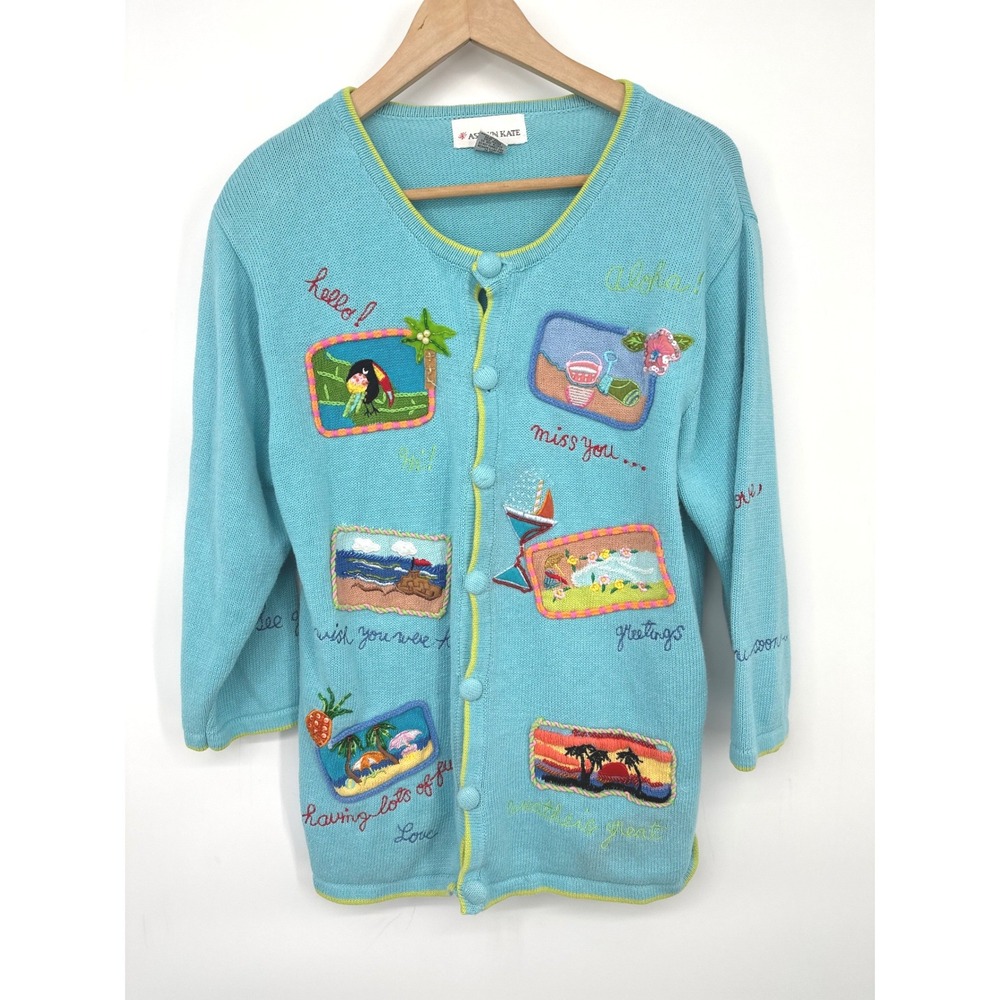 Vintage Ashlyn Kate Cardigan Sweater Women Medium Blue Tropical Vacation Travel